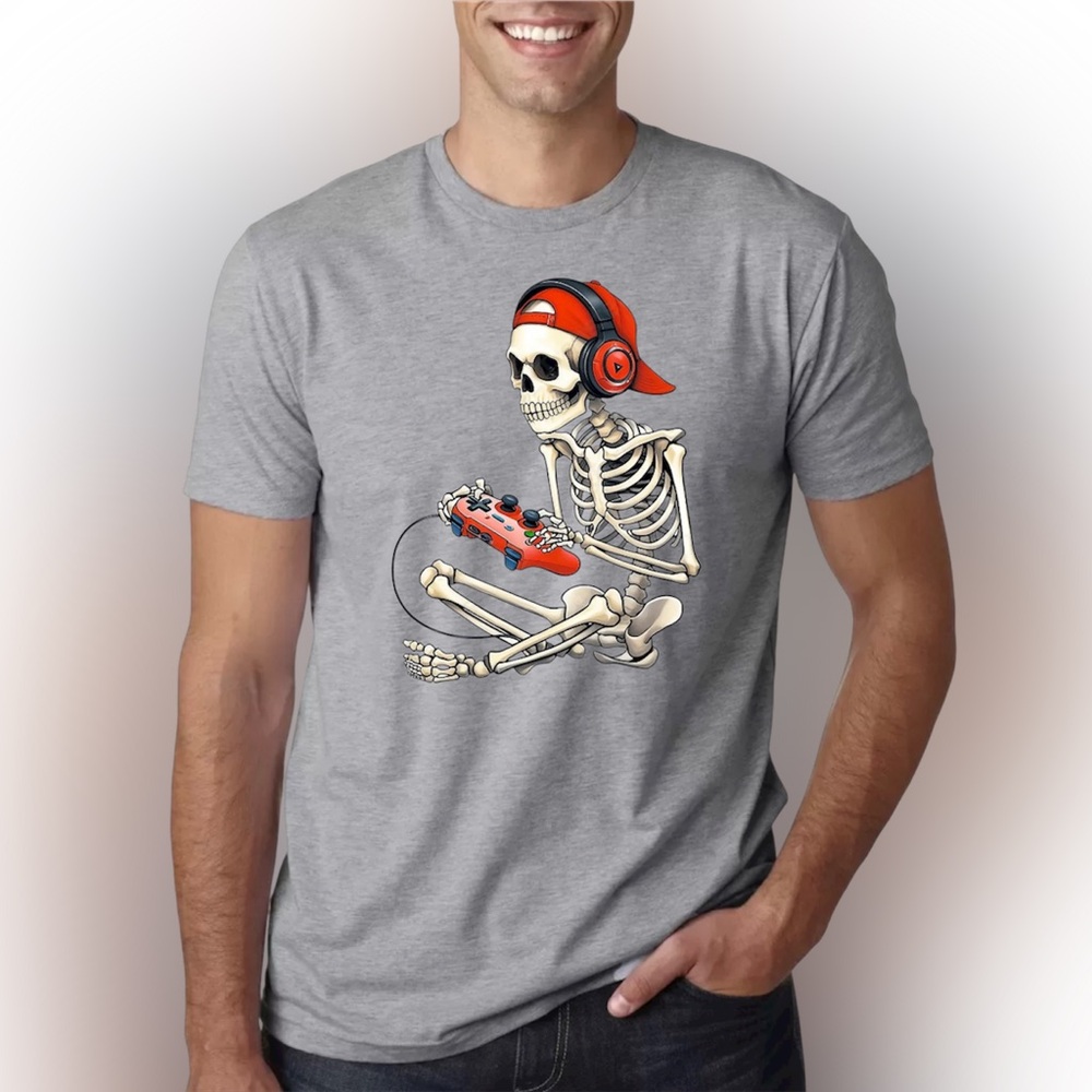 Funny Skeleton Gamer T-Shirt Men’s Graphic Tee Video Game Player Shirt
